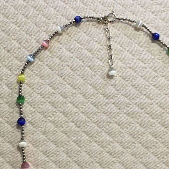 VTG Sterling Silver Multicolor Cats Eye Station Beaded Choker Necklace Extension - Picture 10 of 15